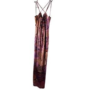 Vtg Janine Evening Gown Small Italy Multicolor Metallic Mosaic Swirl Long Slit